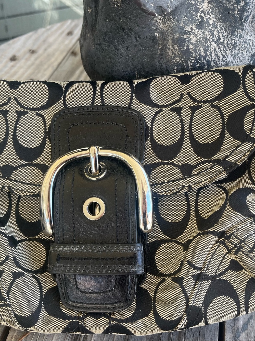 Authentic SoHo style 11860 Y2K Coach Black & Khaki Canvas Bag w/ Silver Buckle.